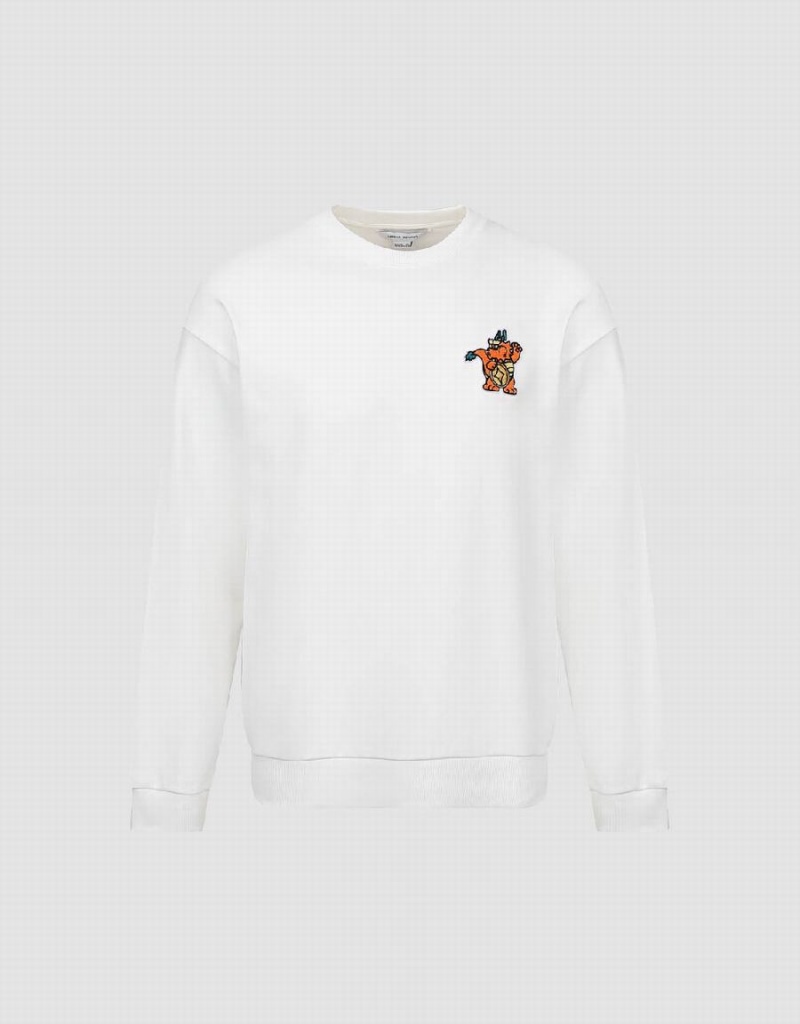 Urban Revivo Cartoon Embossed Crew Neck Men's Sweatshirts White | EBK7791XS