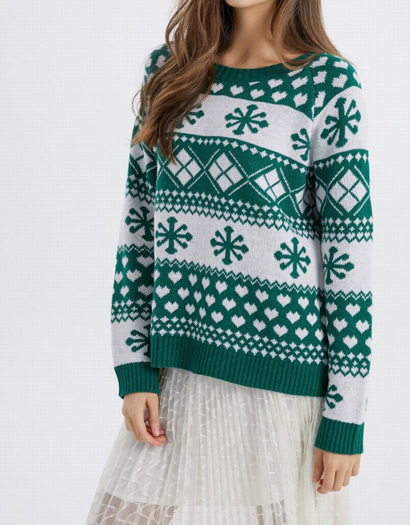 Urban Revivo Christmas Snowflake Crew Neck Holiday Women's Sweaters Dark Green | YXI9525GU