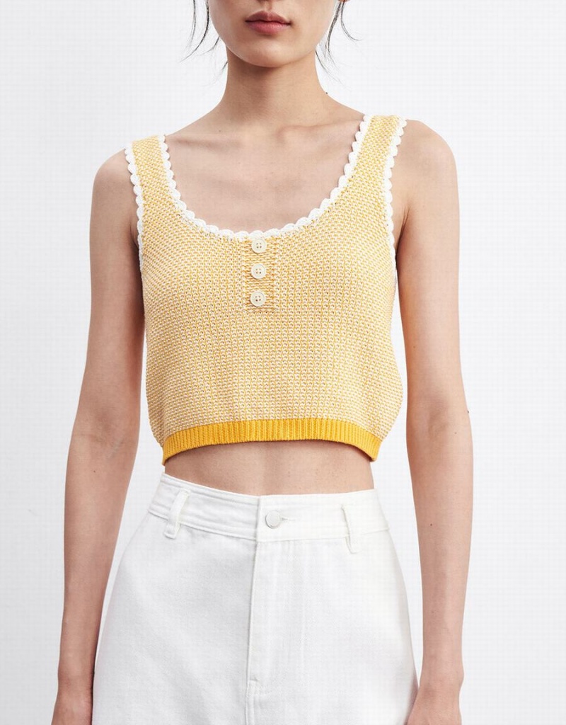 Urban Revivo Contrast Trim Half Button Knitted Women's Tank Top Yellow | PCE819TQ