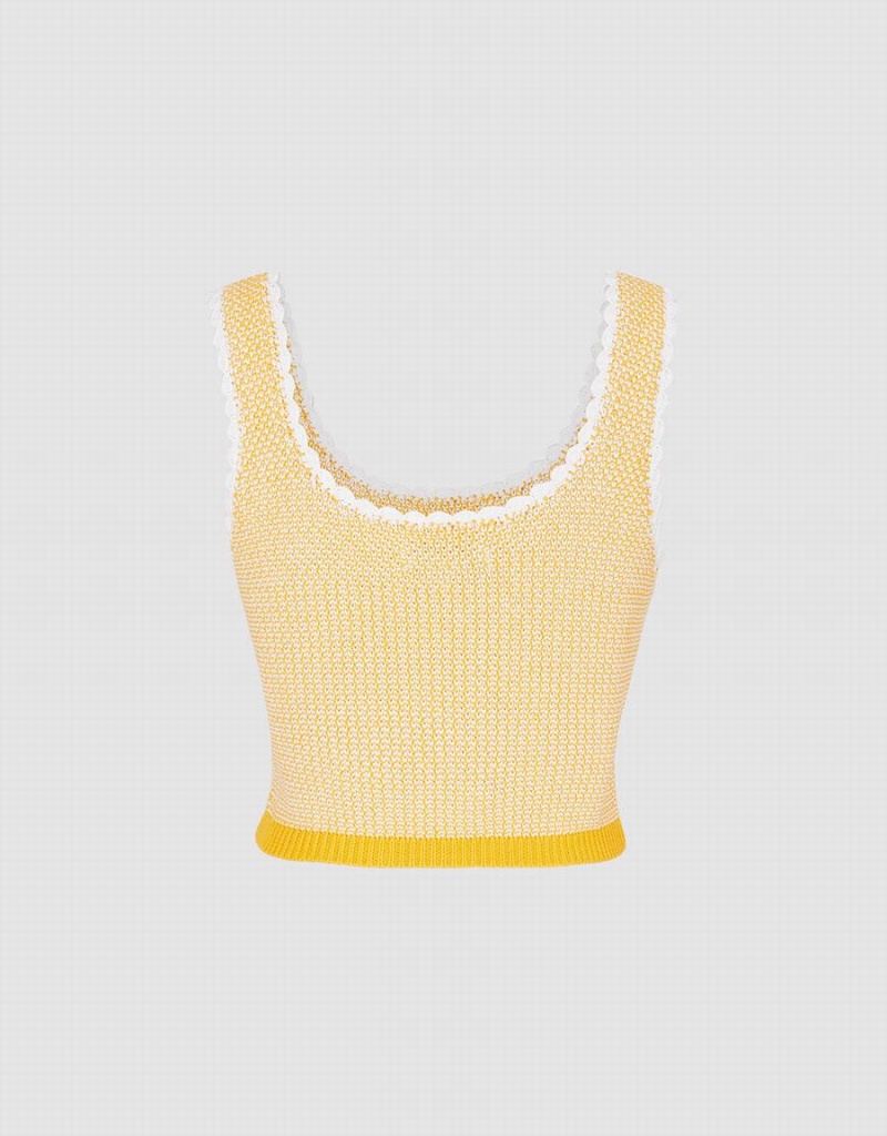 Urban Revivo Contrast Trim Half Button Knitted Women's Tank Top Yellow | PCE819TQ