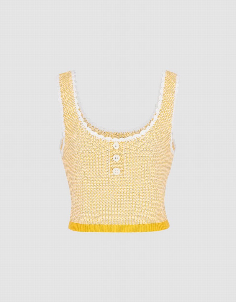 Urban Revivo Contrast Trim Half Button Knitted Women\'s Tank Top Yellow | PCE819TQ