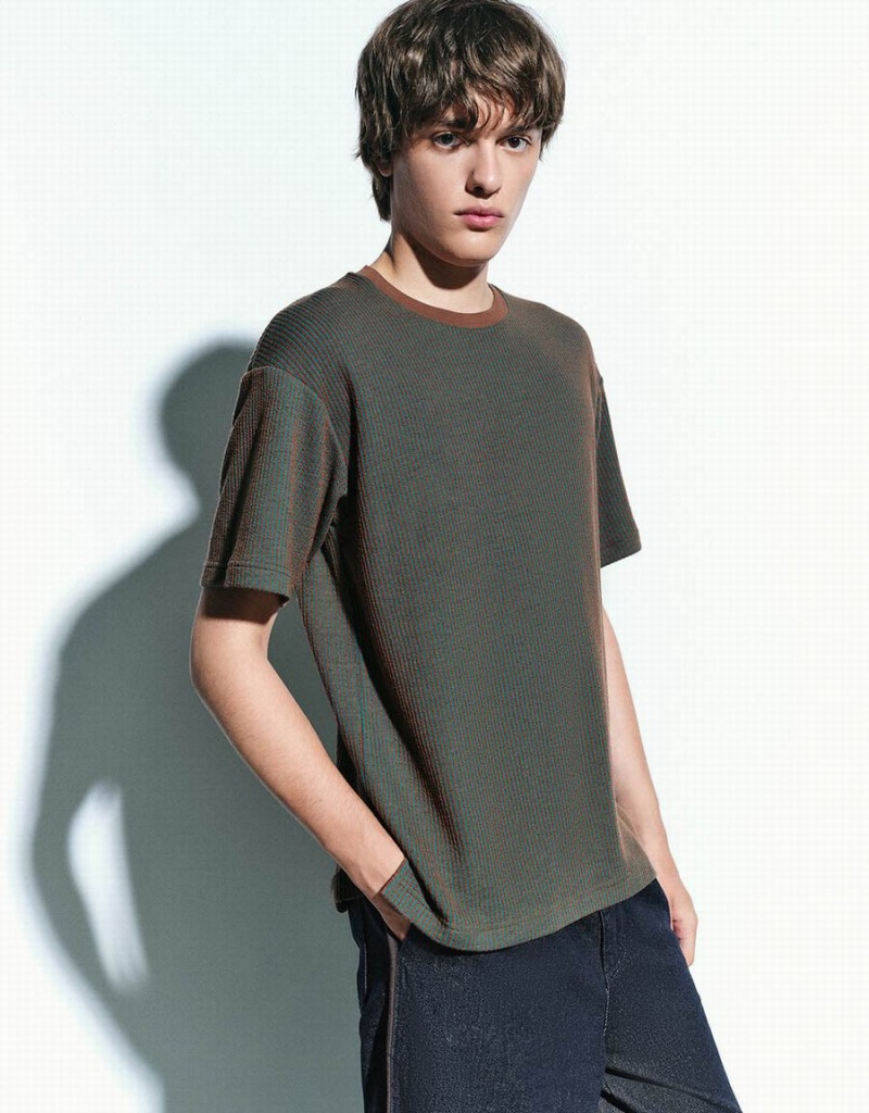 Urban Revivo Crew Neck Knitted Men's T Shirts Green | RAC3156KM