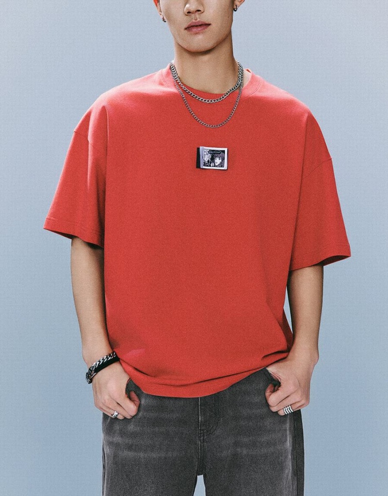 Urban Revivo Crew Neck Loose Men's T Shirts Red | SDK1873PP