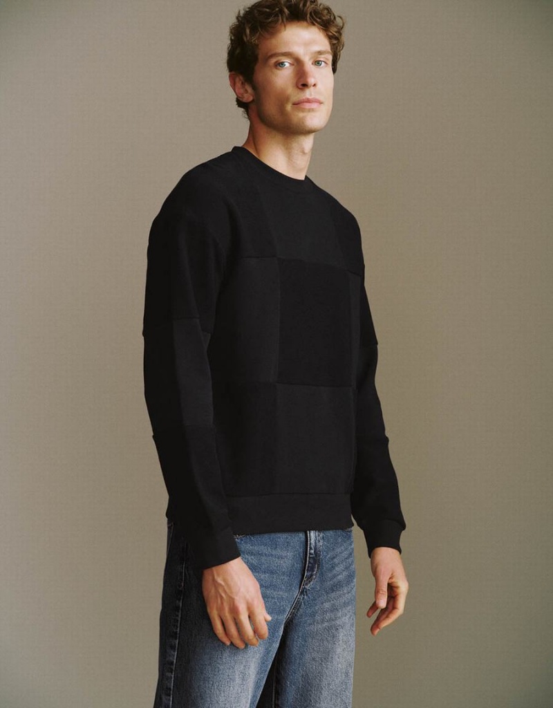 Urban Revivo Crew Neck Men's Sweatshirts Black | XYY5544LO