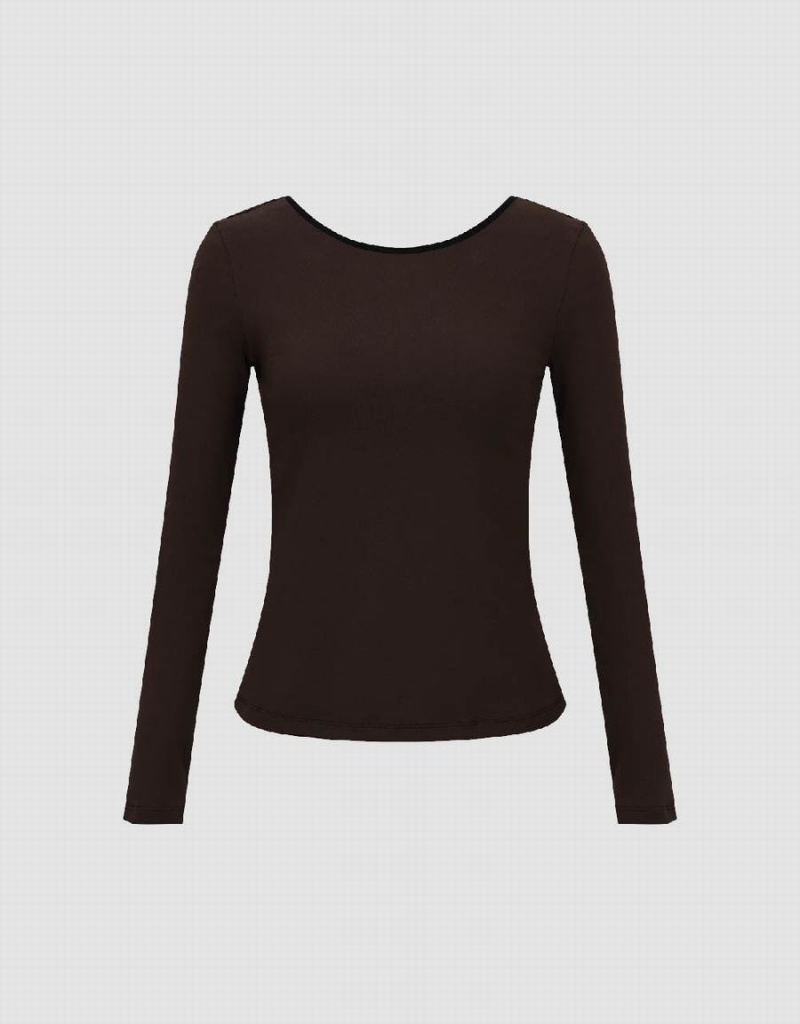 Urban Revivo Crew Neck Skinny Knitted Women's T Shirts Dark Brown | VKR1319XB