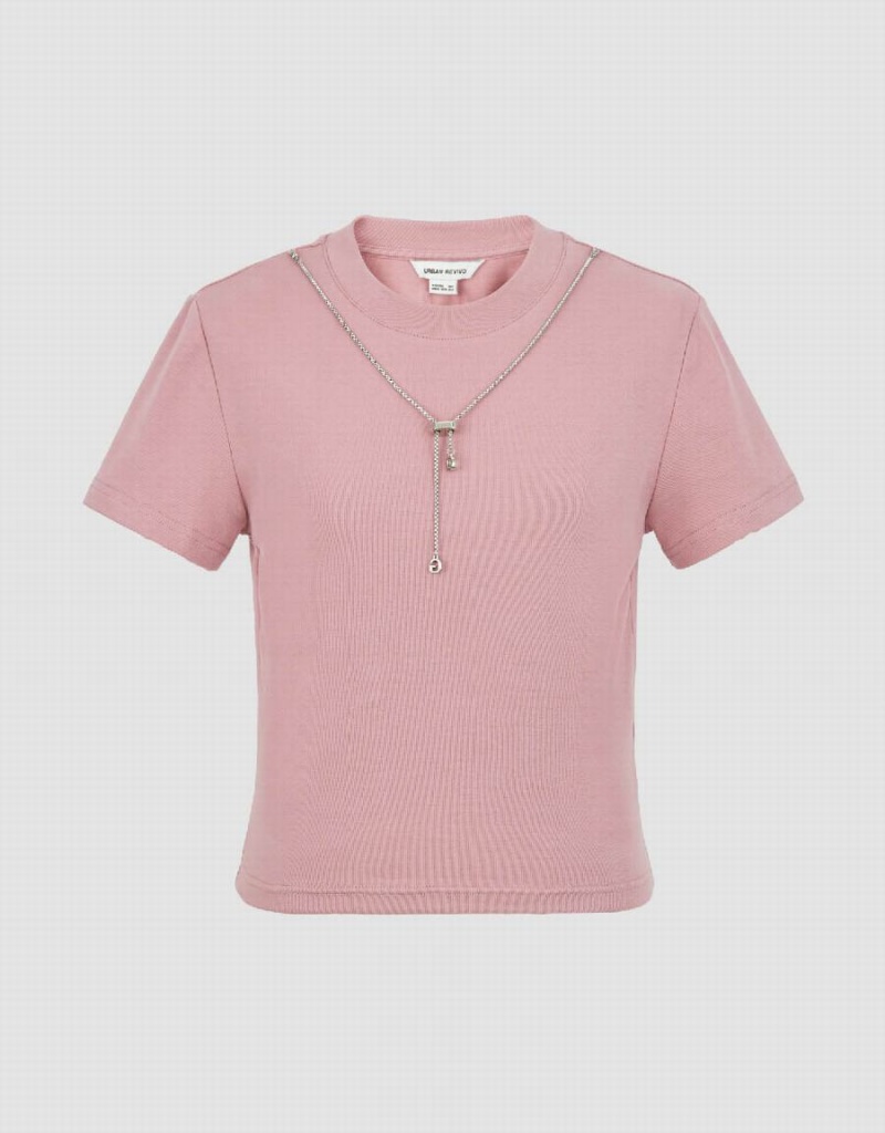 Urban Revivo Crew Neck Skinny With Necklace Women's T Shirts Pink | GDZ4720MV