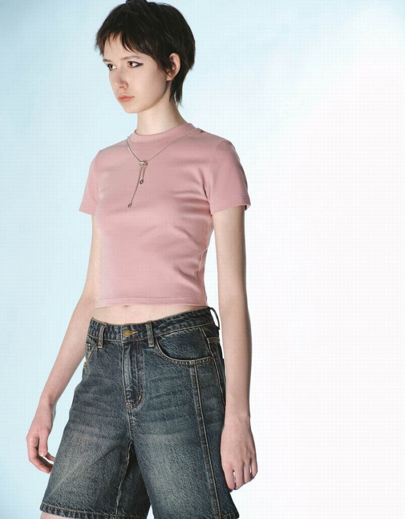 Urban Revivo Crew Neck Skinny With Necklace Women's T Shirts Pink | GDZ4720MV