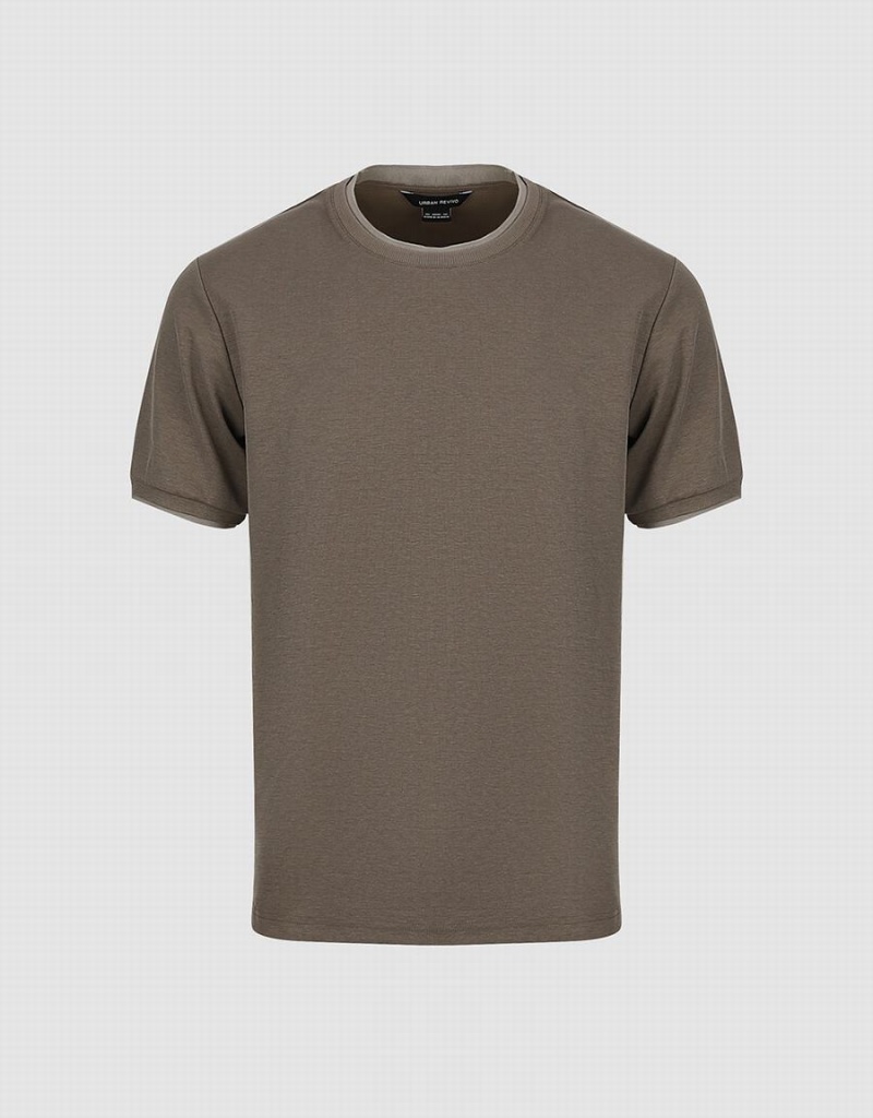 Urban Revivo Crew Neck Straight Men's T Shirts Khaki | XNF1014PM