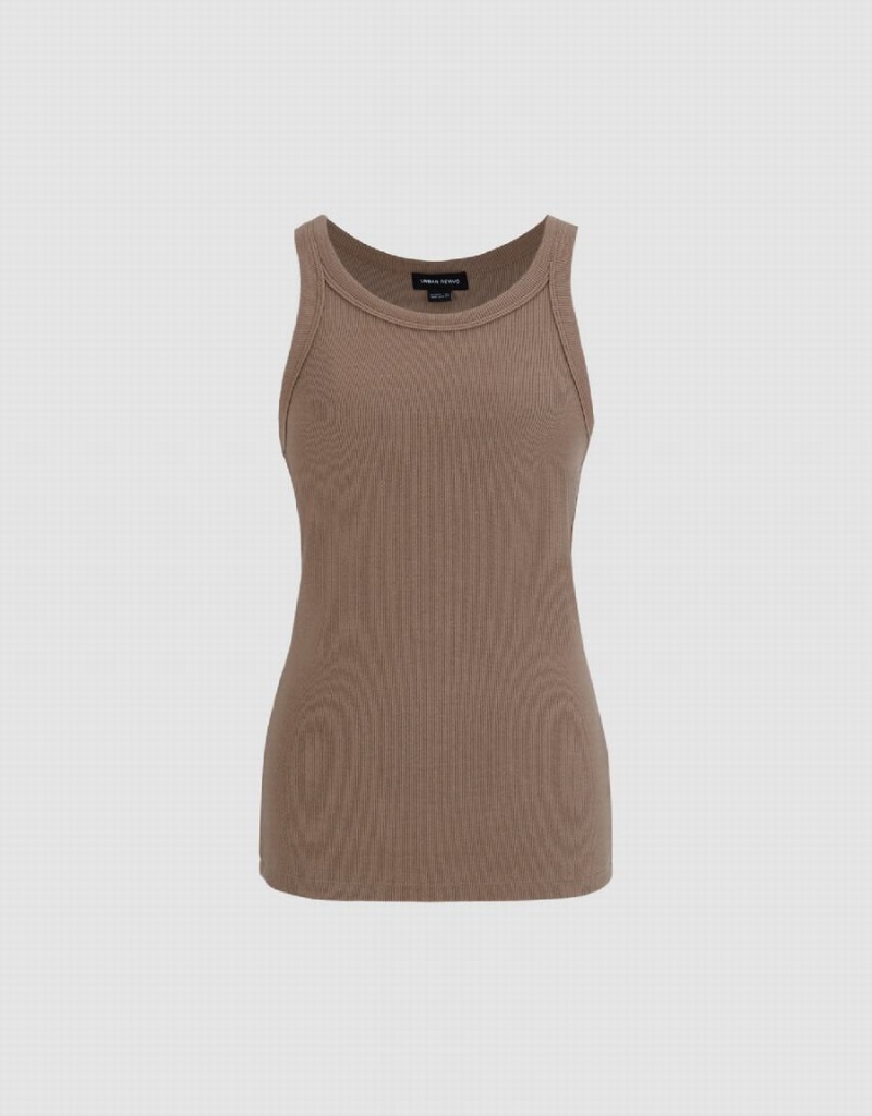 Urban Revivo Crew Neck Straight Women's Tank Top Brown | CBB1595NK