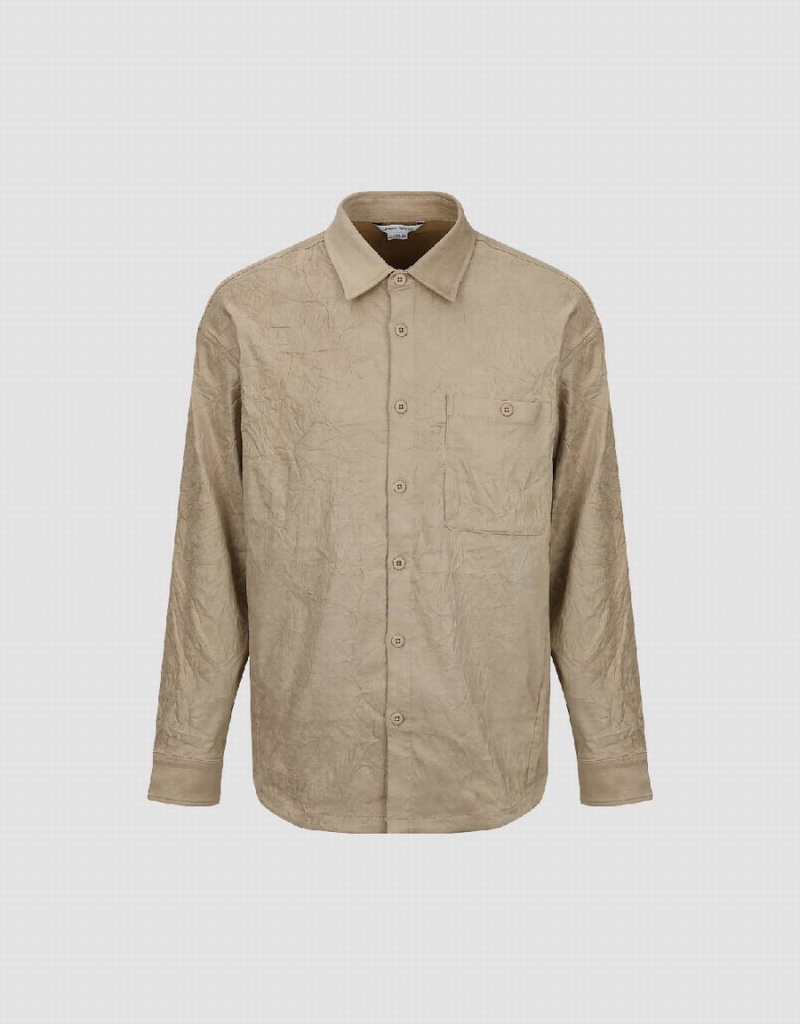 Urban Revivo Crumpled Effect Loose Men's Shirts Khaki | WHL232SR