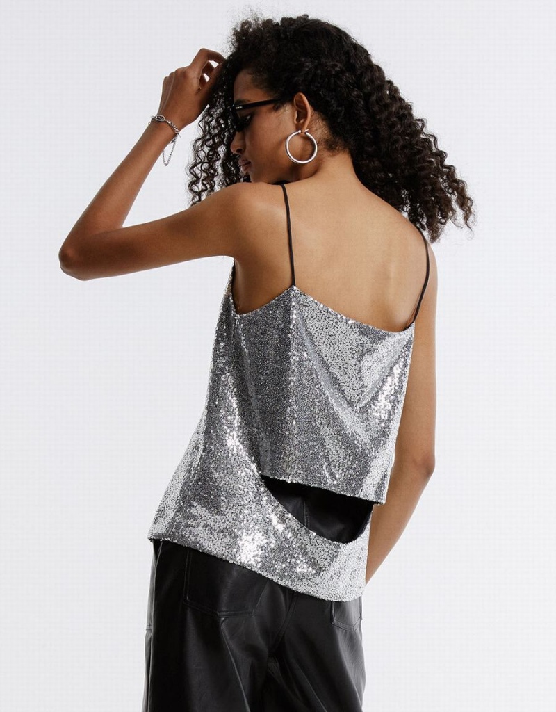 Urban Revivo Cut Out Back Sequin Camisole Women's Tank Top Silver | YKM9117VH