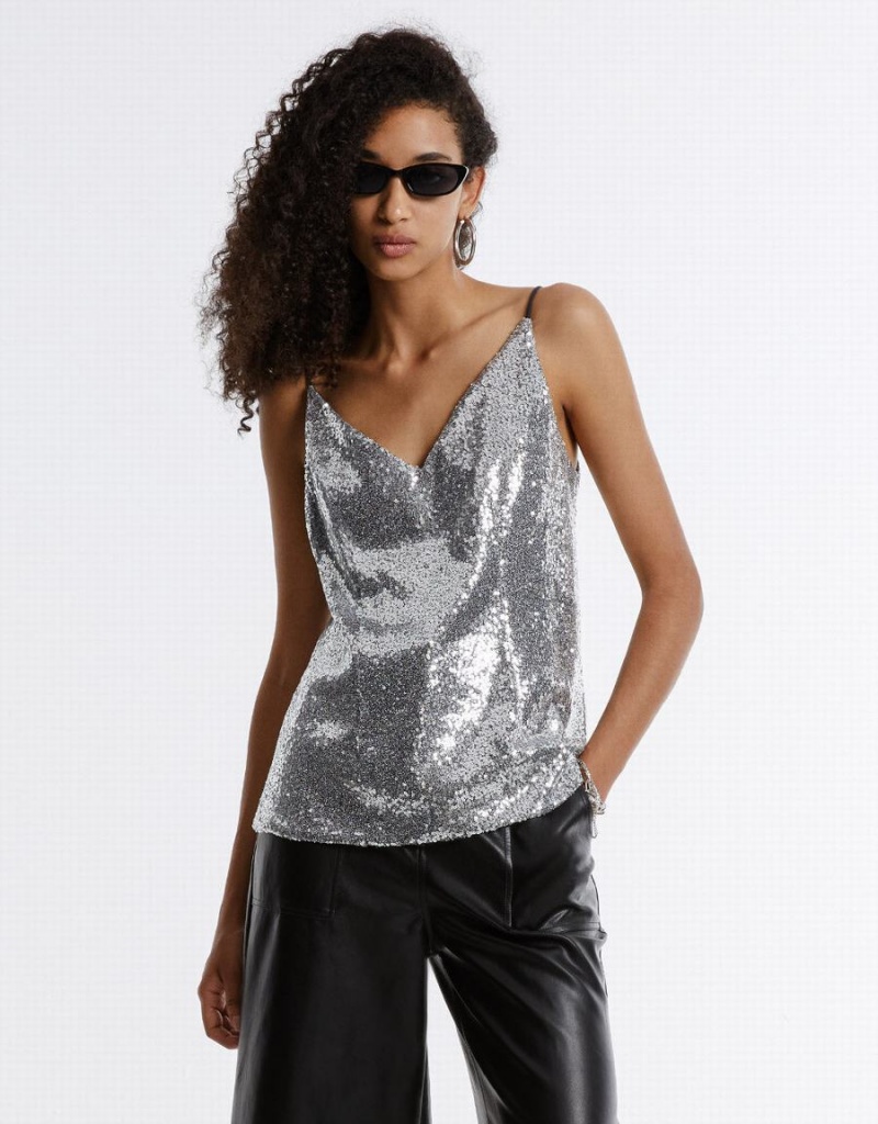 Urban Revivo Cut Out Back Sequin Camisole Women\'s Tank Top Silver | YKM9117VH