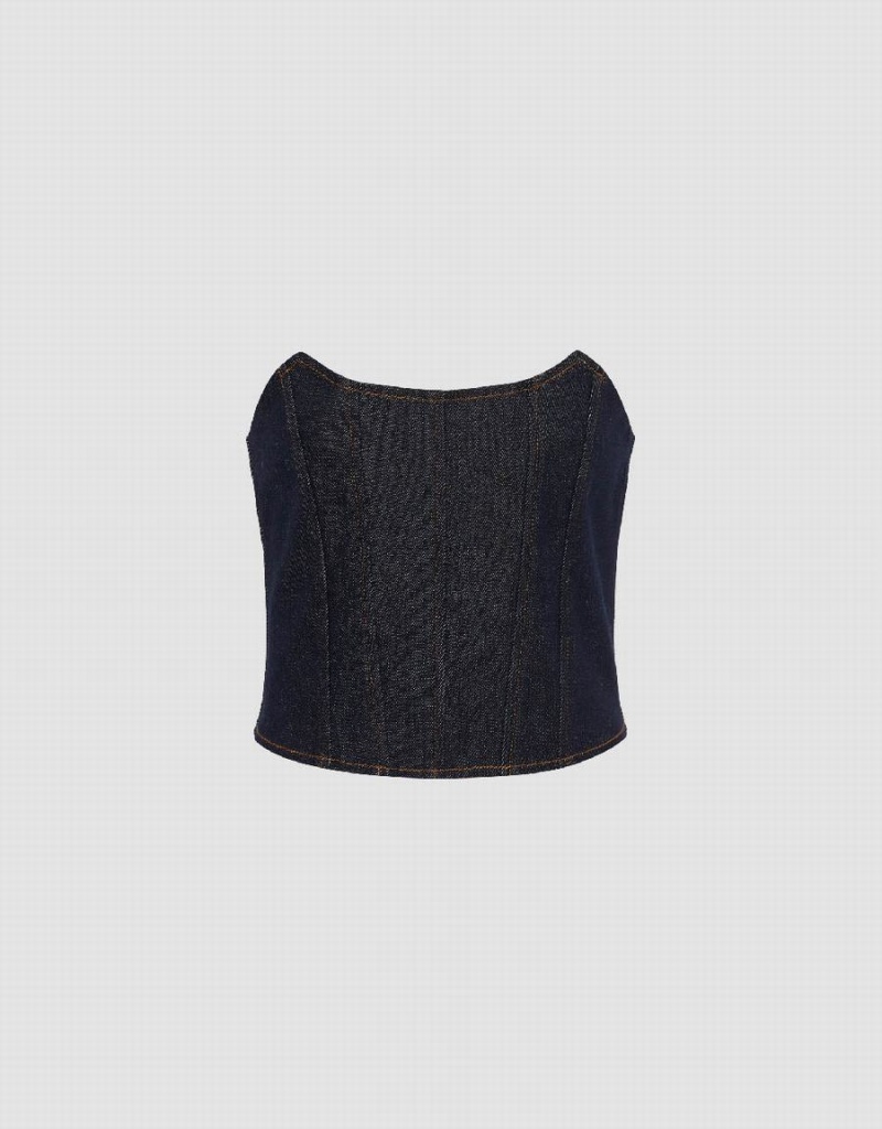 Urban Revivo Denim Tube Top Women's Shirts Blue | NGR1216JK