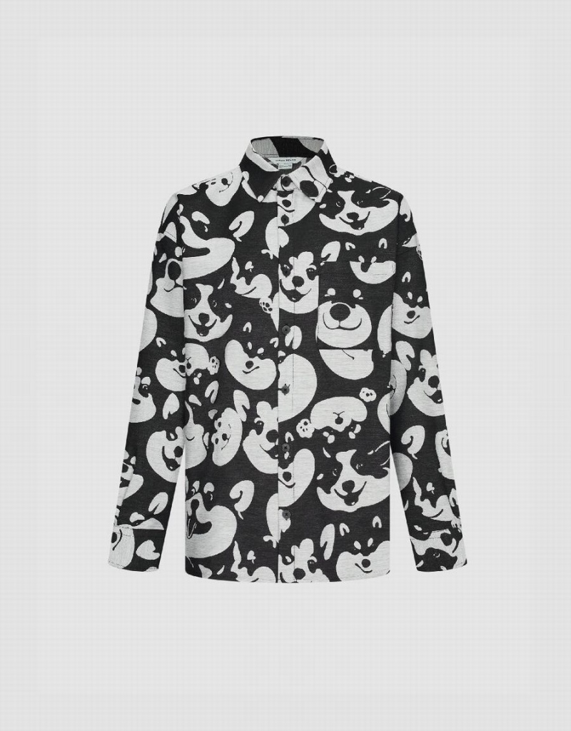 Urban Revivo Dog Printed Oversized Men's Shirts Black | GNP781SO