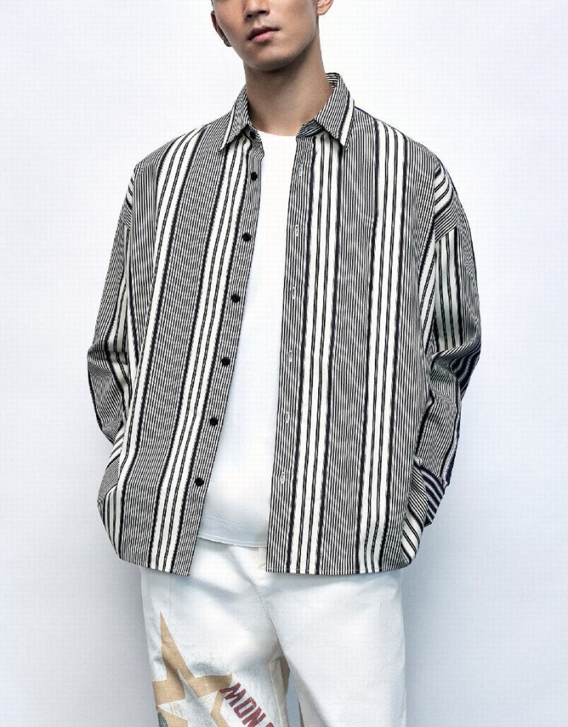 Urban Revivo Dolman Sleeve Striped Loose Men's Shirts Black | FCN1179IN