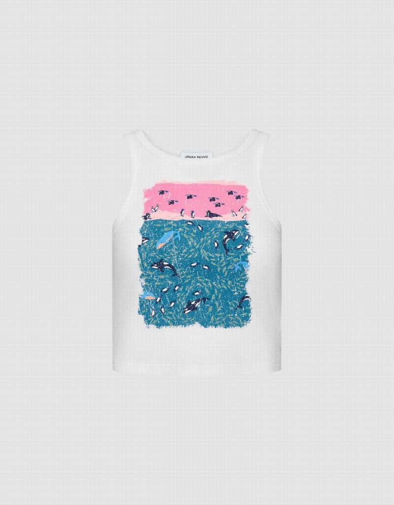 Urban Revivo Dolphin Printed Women's Tank Top White | BTS6584NM