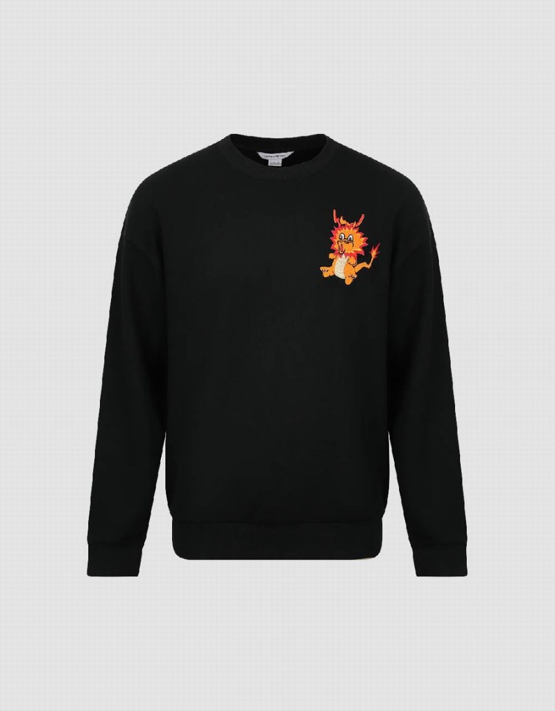 Urban Revivo Dragon Embossed Crew Neck Men's Sweatshirts Black | QUS5770GK