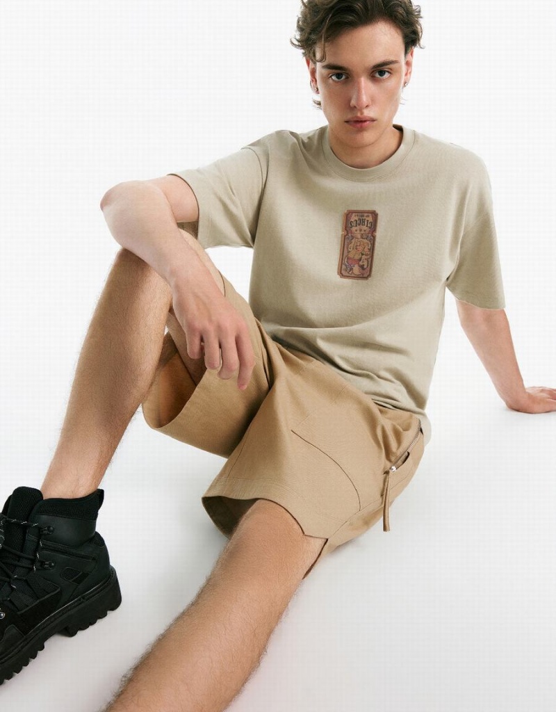 Urban Revivo Drop Shoulder Sleeve Crew Neck Men's T Shirts Khaki | RAG6434XB