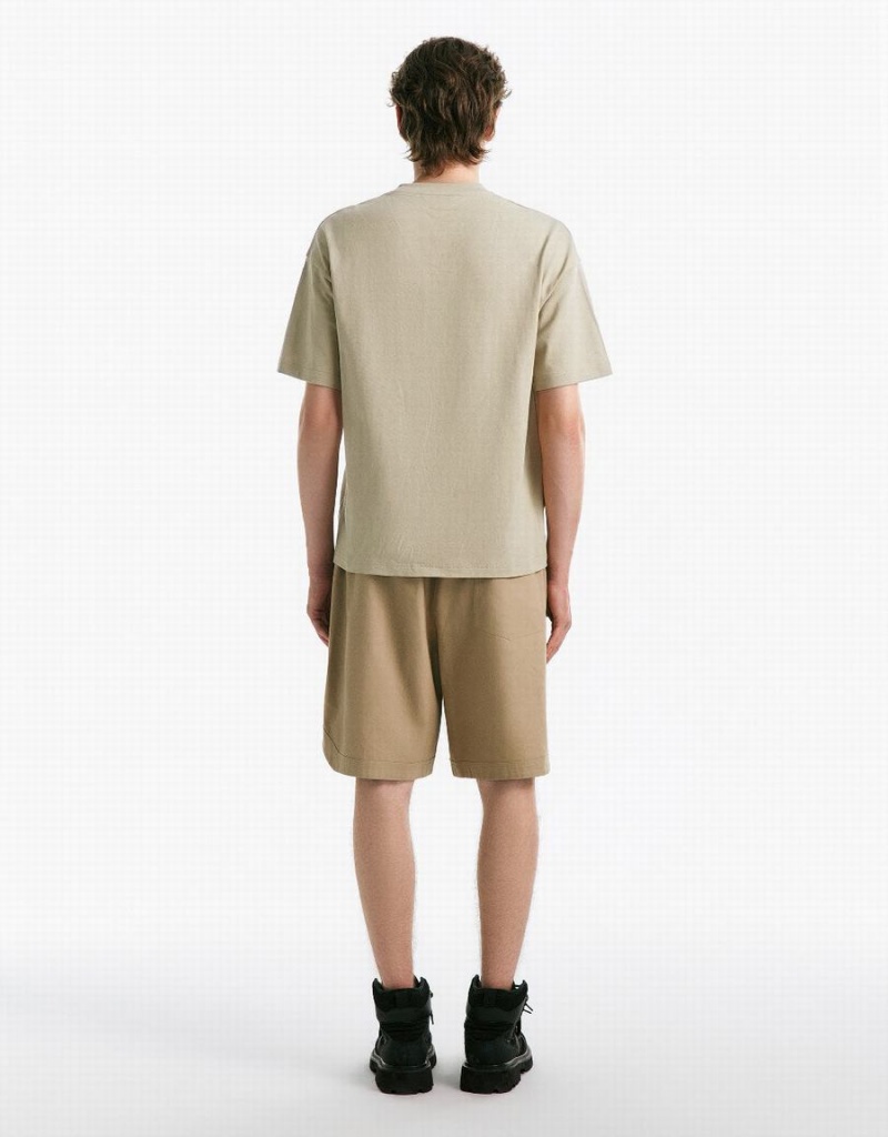 Urban Revivo Drop Shoulder Sleeve Crew Neck Men's T Shirts Khaki | RAG6434XB