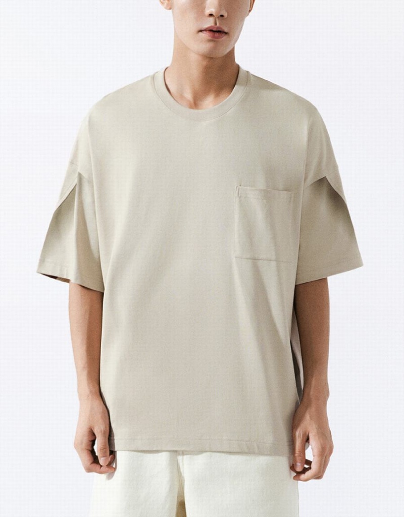 Urban Revivo Drop Shoulder Sleeve Crew Neck Men's T Shirts Khaki | TVQ3698JH