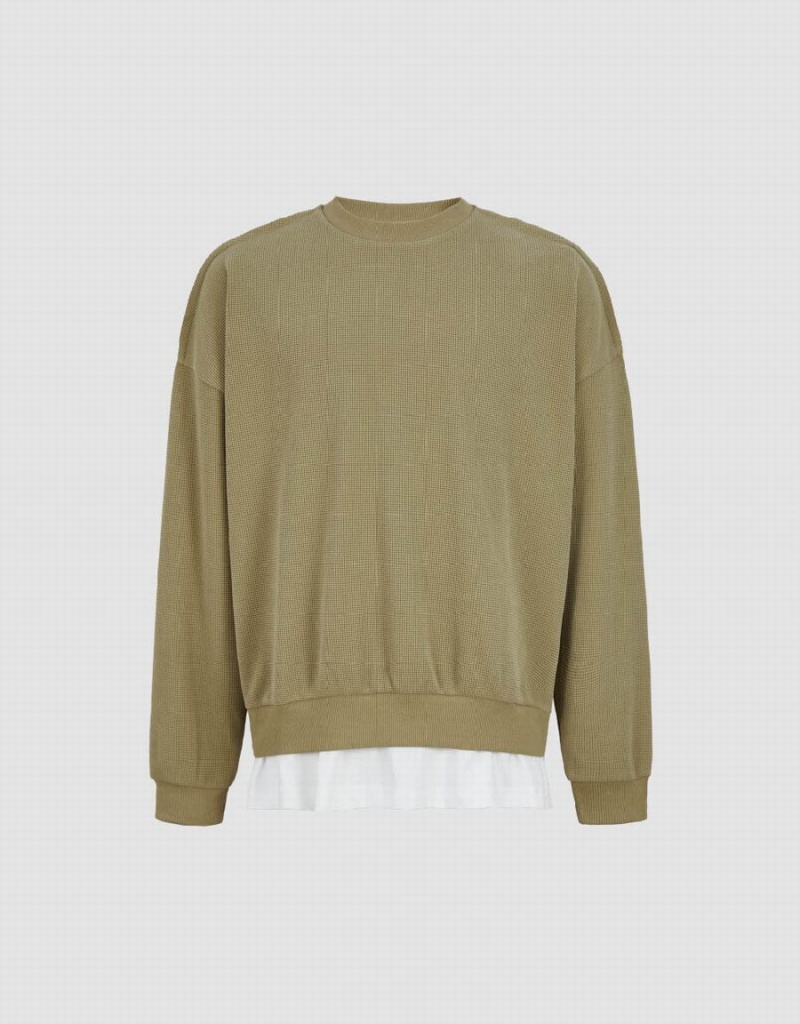 Urban Revivo Drop Shoulder Sleeve Crew Neck Men's Sweatshirts Khaki | TEW3498YG