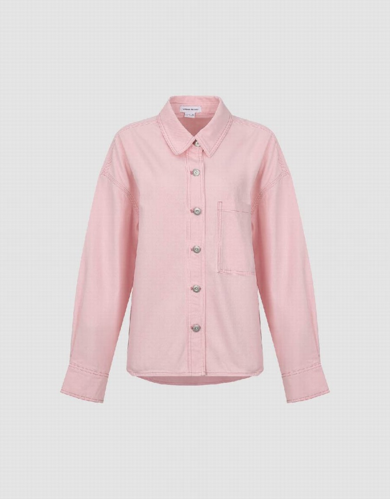 Urban Revivo Drop Shoulder Sleeve Denim Women's Shirts Pink | GOF117DS