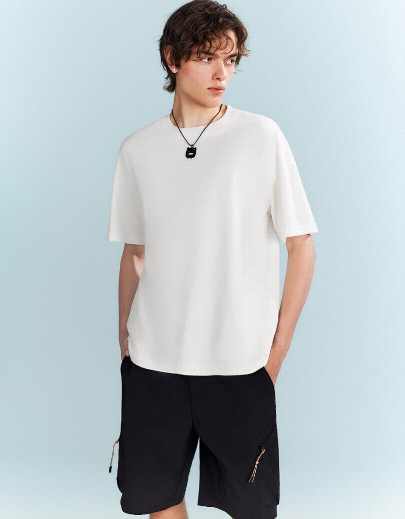 Urban Revivo Drop Shoulder Sleeve Men's T Shirts White | LKR573BX