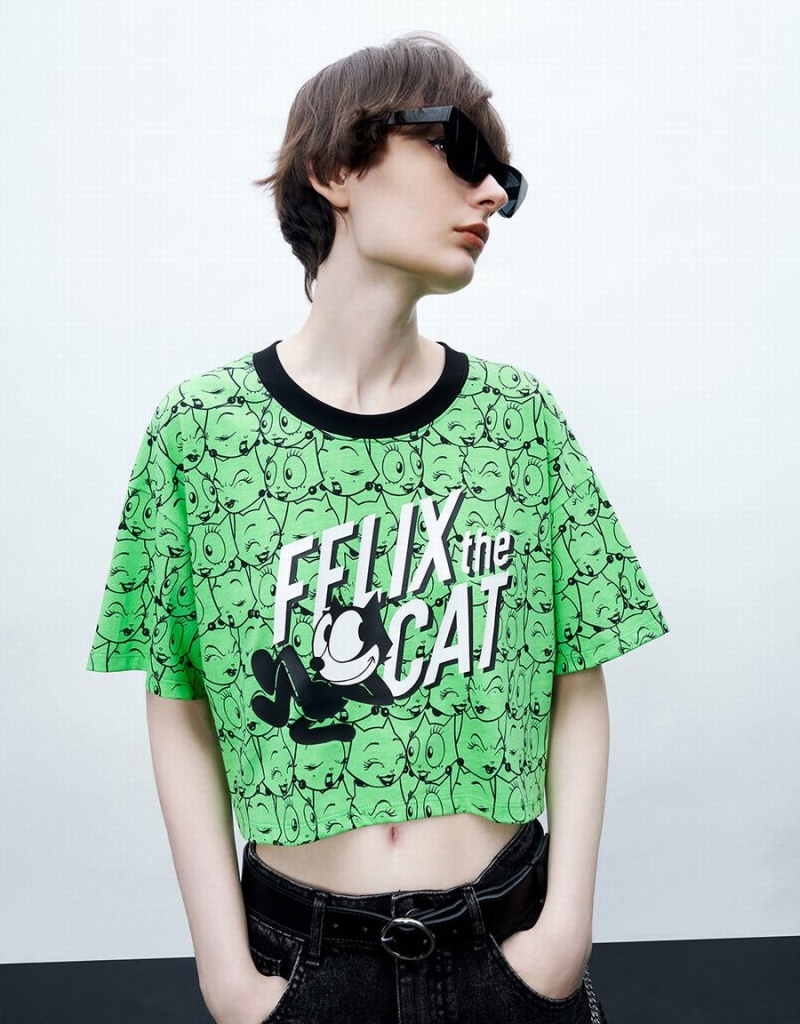 Urban Revivo Felix The Cat Printed Crew Neck Women's T Shirts Green | AUZ2065ZB