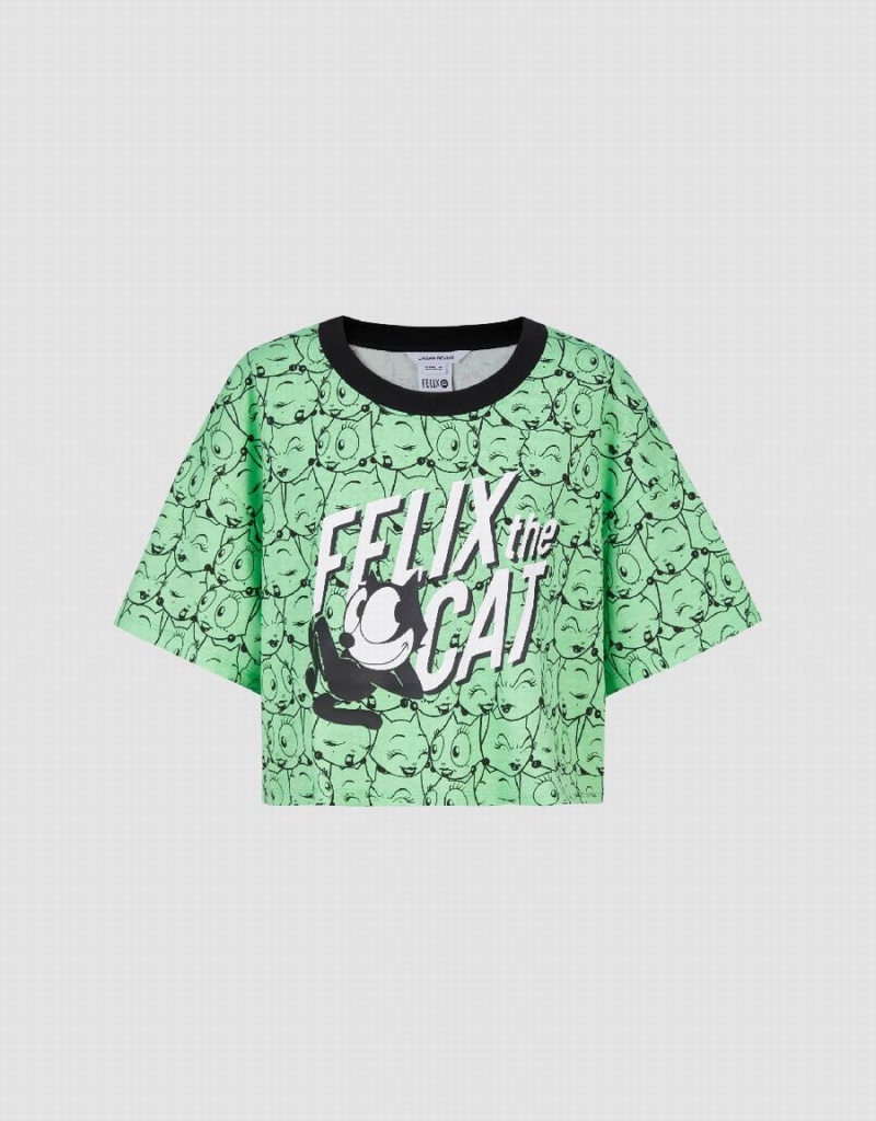 Urban Revivo Felix The Cat Printed Crew Neck Women's T Shirts Green | AUZ2065ZB