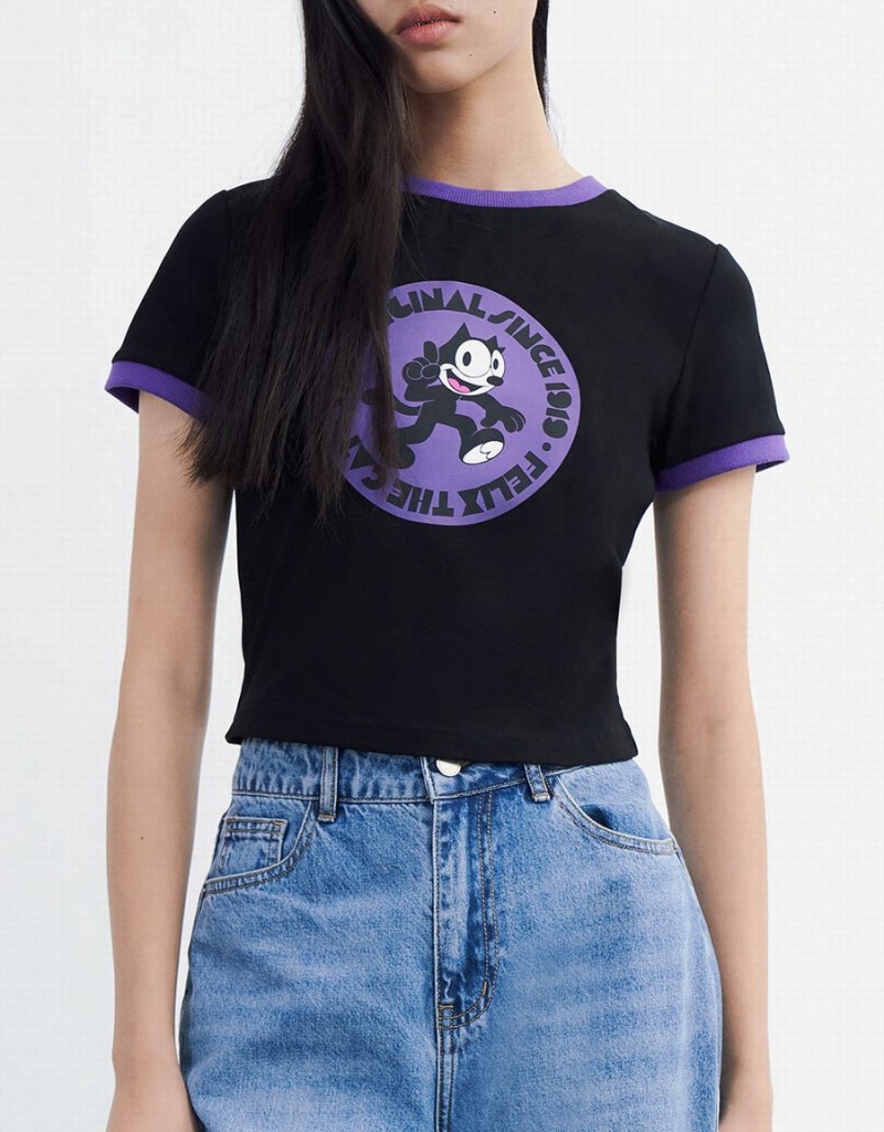 Urban Revivo Felix The Cat Women's T Shirts Black | IJH6617TL