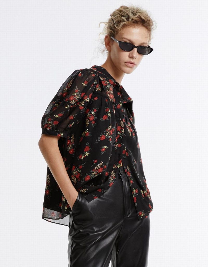 Urban Revivo Floral Button Up Women's Shirts Black Red | EJT804CM