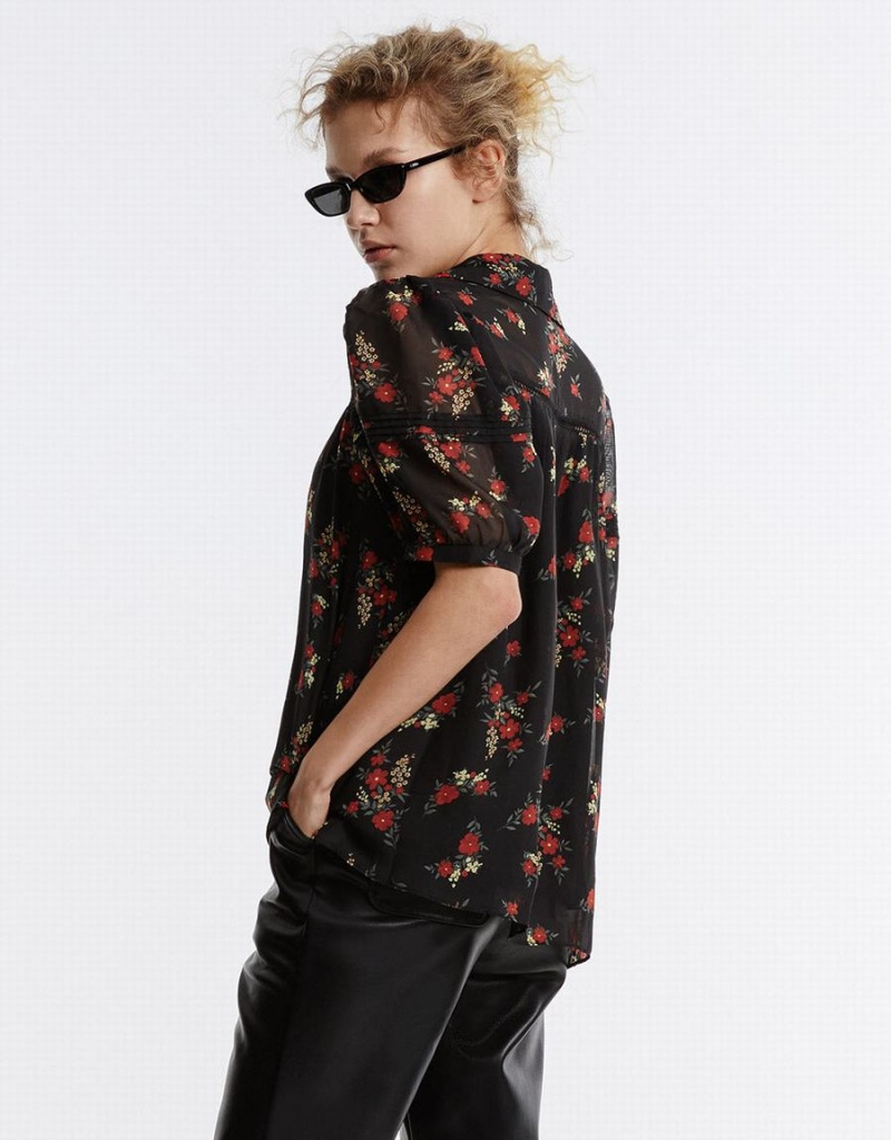 Urban Revivo Floral Button Up Women's Shirts Black Red | EJT804CM