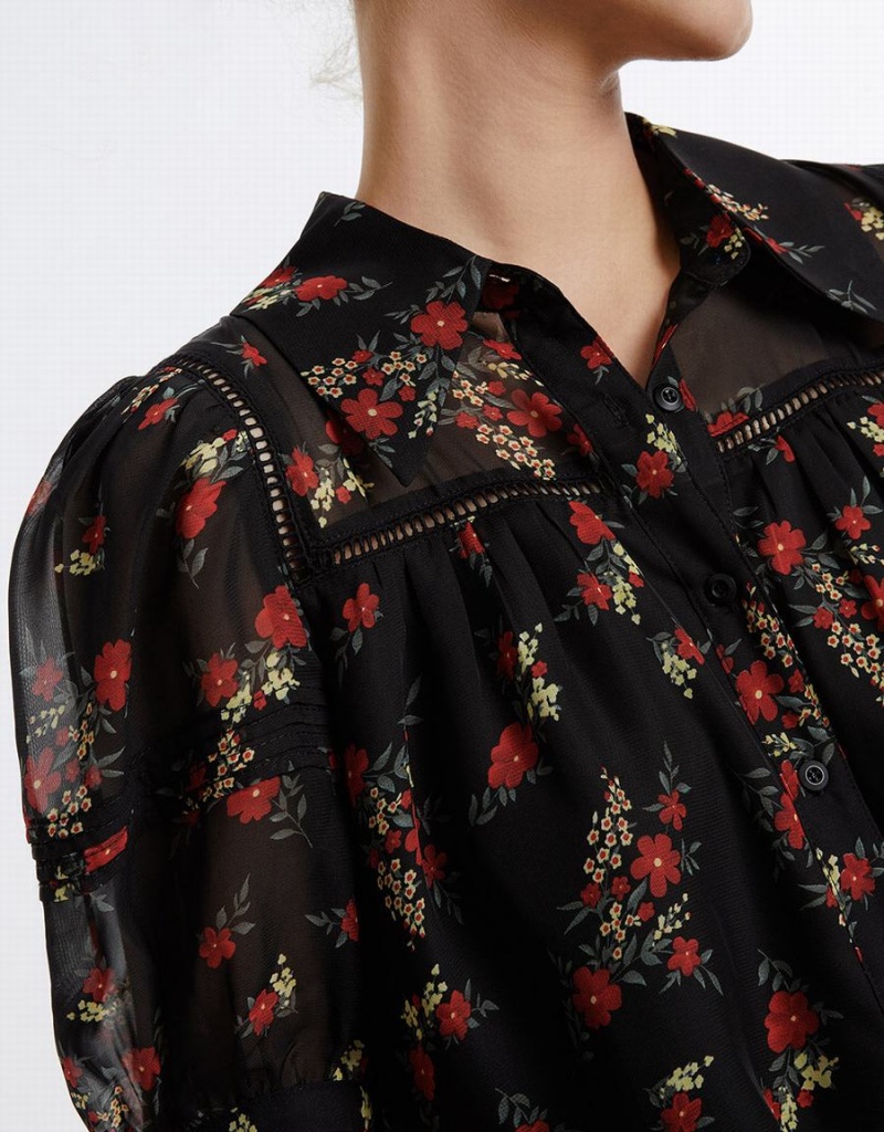 Urban Revivo Floral Button Up Women's Shirts Black Red | EJT804CM