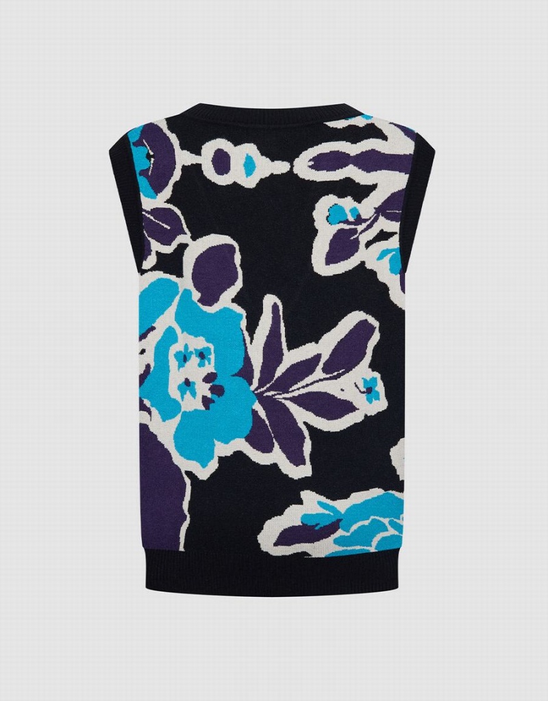 Urban Revivo Floral Jacquard Women's Sweaters Blue Black | BJU8652DG