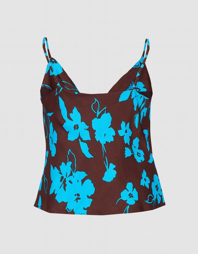 Urban Revivo Floral Print Cowl Neck Cami Women's Tank Top Blue | BSV2937QF