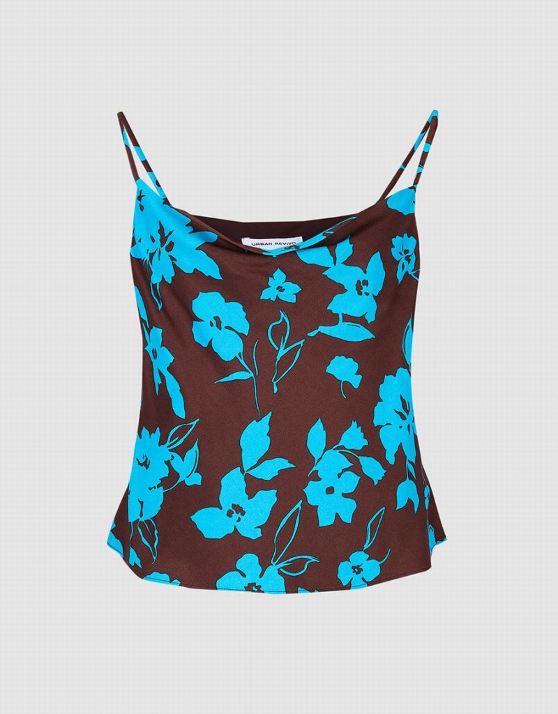 Urban Revivo Floral Print Cowl Neck Cami Women\'s Tank Top Blue | BSV2937QF