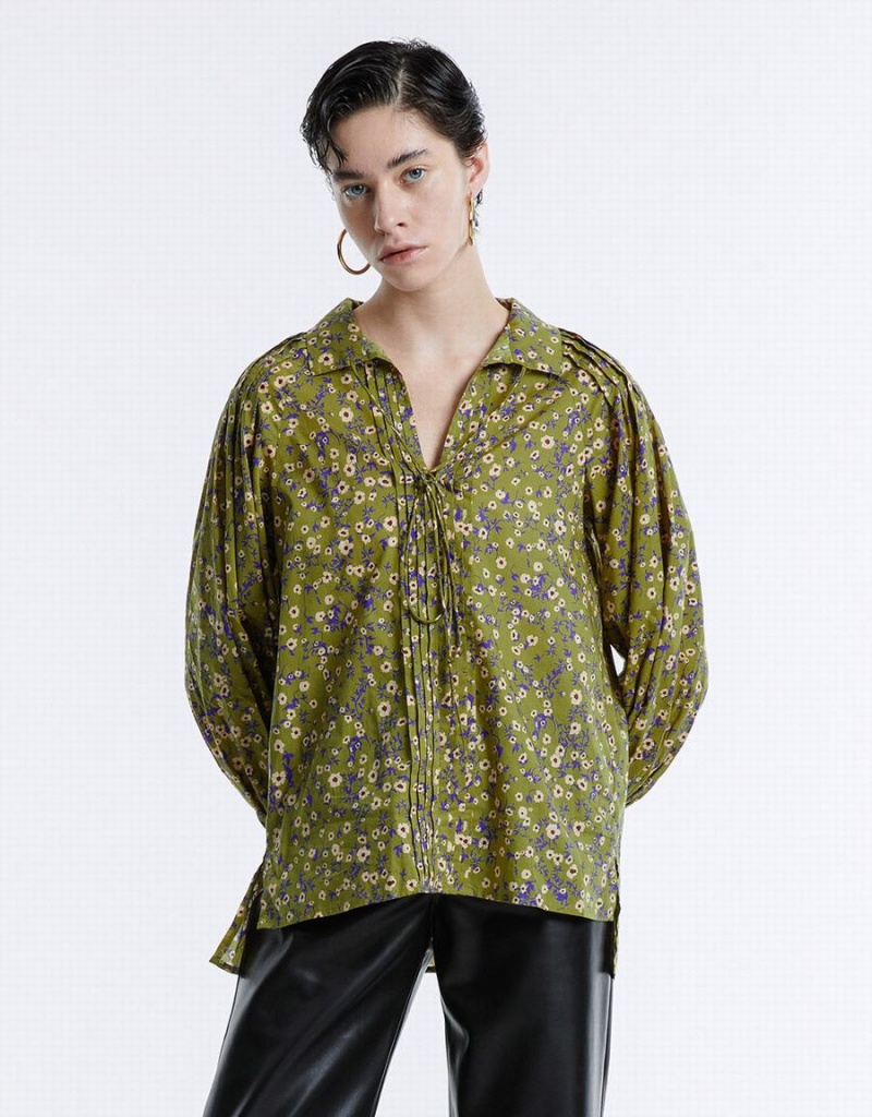 Urban Revivo Floral Tie Front Women's Blouse Green | HXJ3751SZ