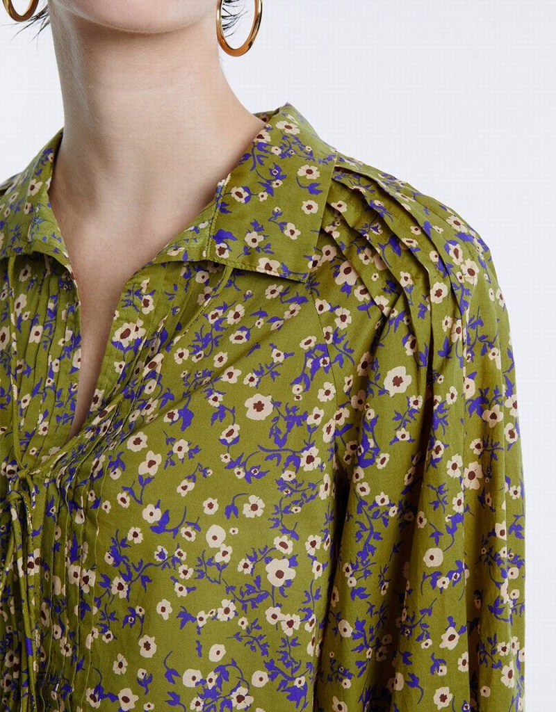 Urban Revivo Floral Tie Front Women's Blouse Green | HXJ3751SZ