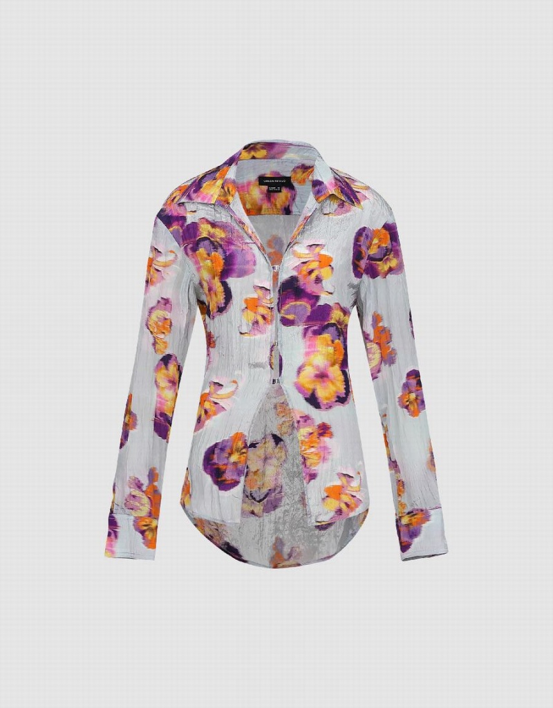 Urban Revivo Flower Printed Women's Shirts Blue | MSE3299ER