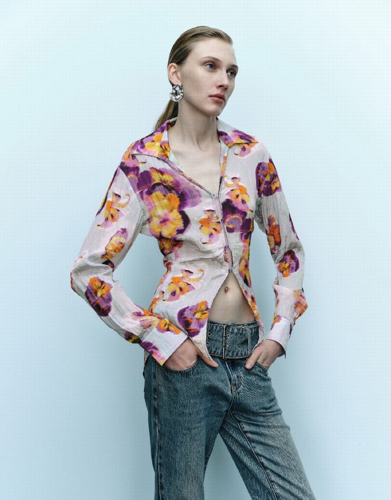 Urban Revivo Flower Printed Women's Shirts Blue | MSE3299ER