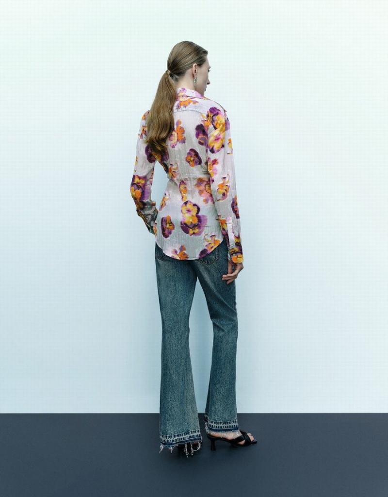 Urban Revivo Flower Printed Women's Shirts Blue | MSE3299ER