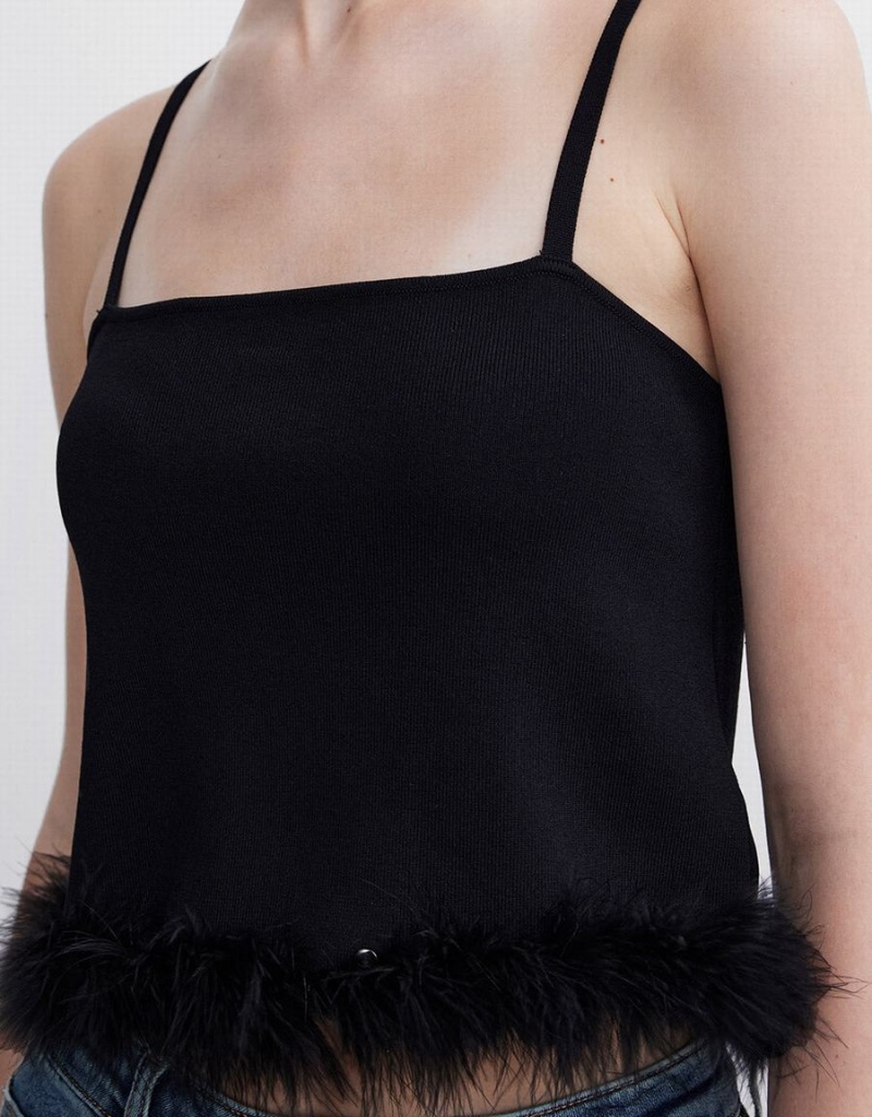 Urban Revivo Fluffy Trim Knitted Cami Women's Tank Top Black | XPQ8974EA