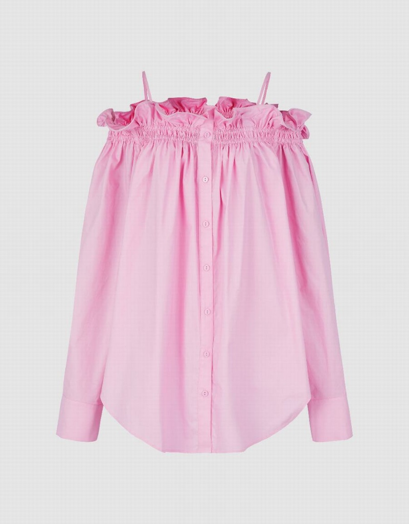 Urban Revivo Frill Trim Off-Shoulder Women's Shirts Pink | RTD444BU