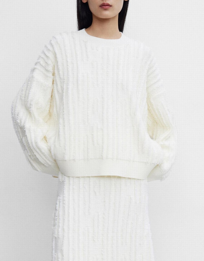 Urban Revivo Fuzzy Crew Neck Women's Sweaters White | HKY3986NP