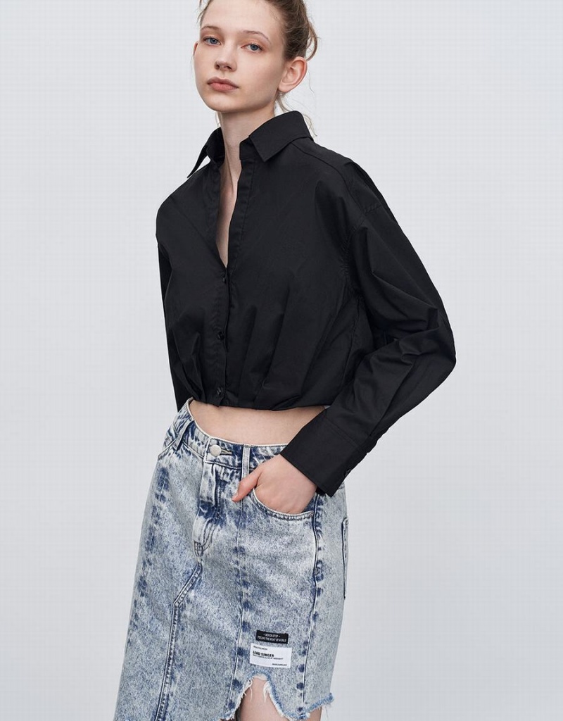 Urban Revivo Gathered Waist Cropped Cotton Women's Shirts Black | JXH315CH