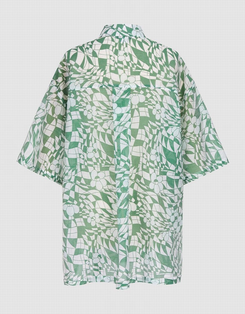 Urban Revivo Geometric Print Short Sleeve Women's Shirts Green | TJK38100FQ