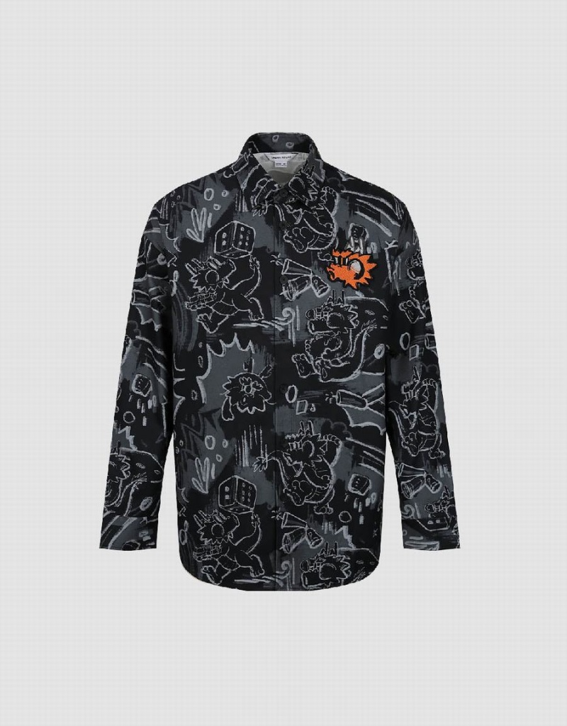 Urban Revivo Graffiti Printed Button Up Loose Men's Shirts Black | VRR2381MT