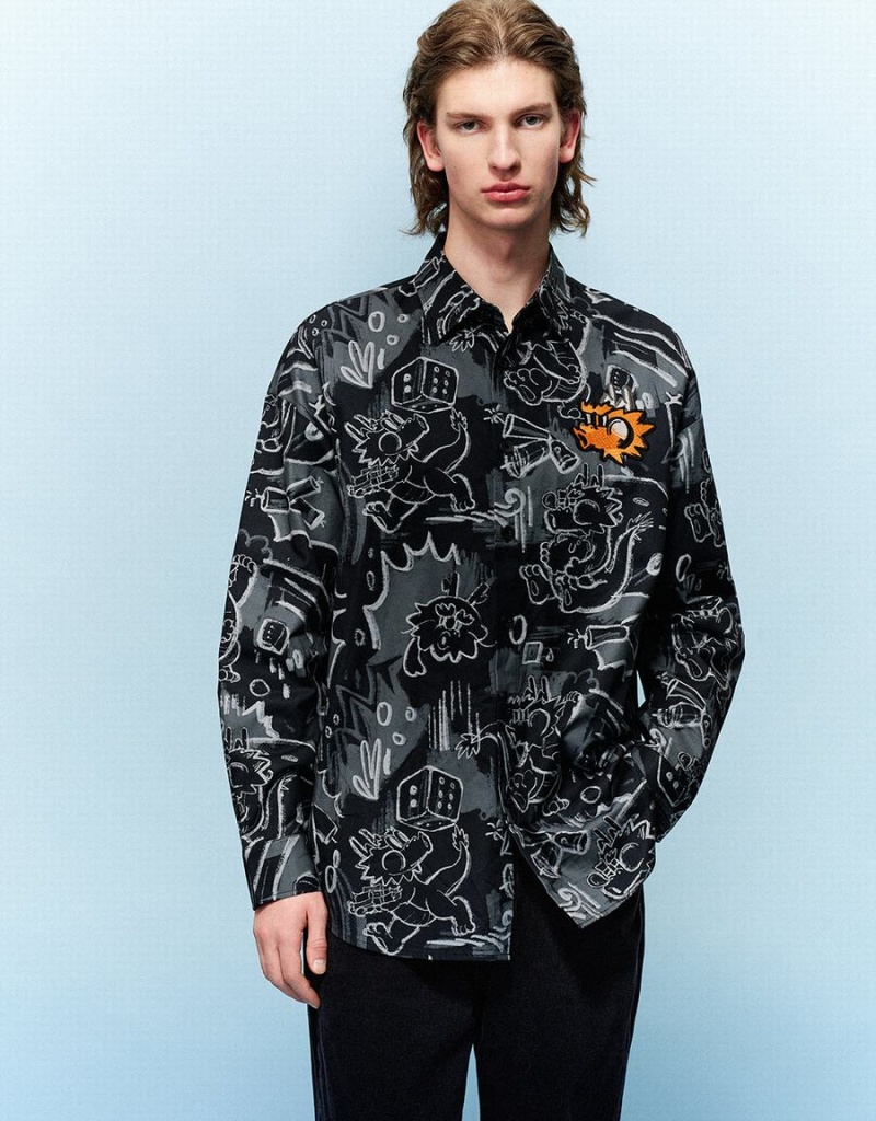 Urban Revivo Graffiti Printed Button Up Loose Men's Shirts Black | VRR2381MT