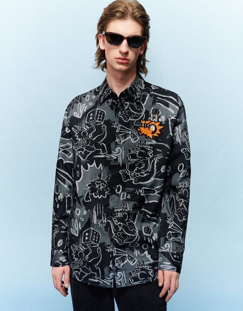 Urban Revivo Graffiti Printed Button Up Loose Men\'s Shirts Black | VRR2381MT