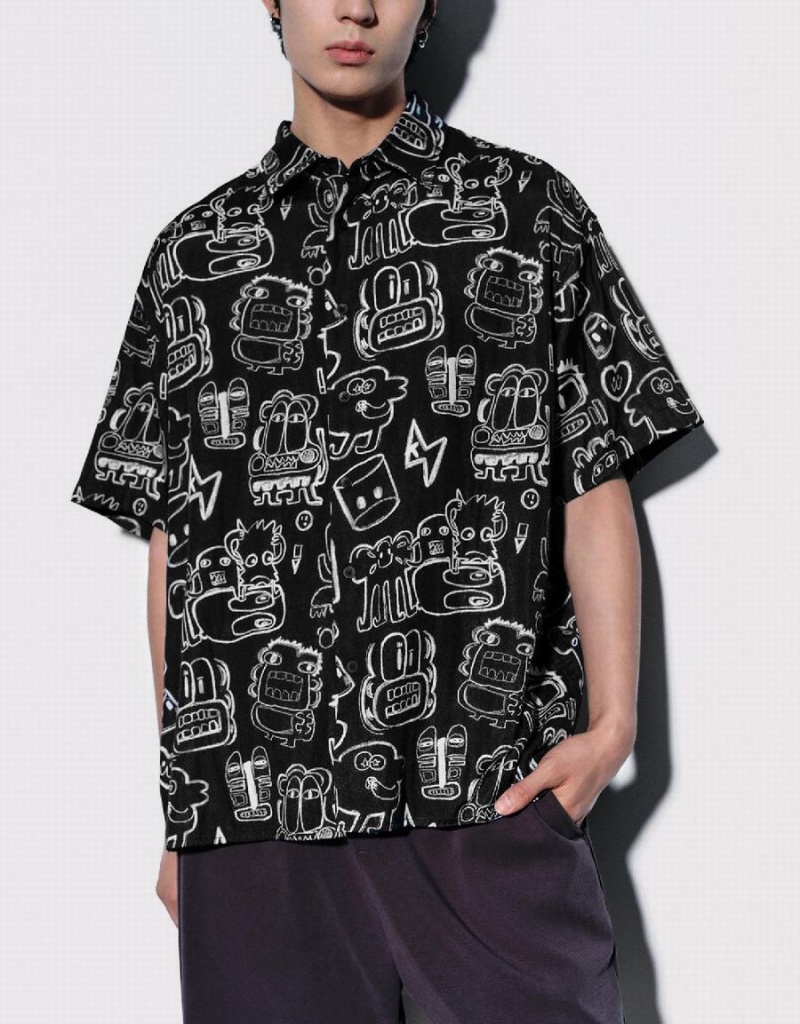 Urban Revivo Graffiti Printed Oversized Men's Shirts Black | VLV211IN